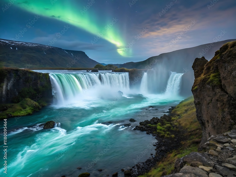 Fototapeta premium waterfall in the mountains with colorful light