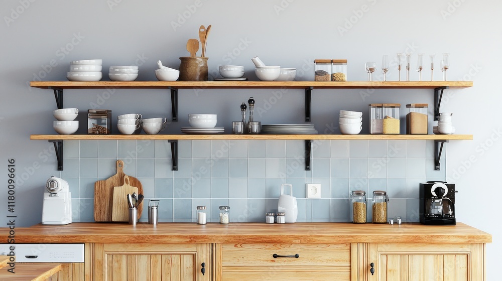 Modern kitchen shelves with utensils and containers for organization. Modern kitchen shelves with utensils and containers for organization.