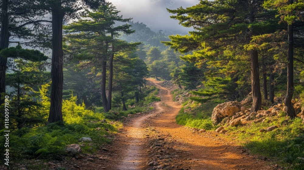 Obraz premium Serene Forest Pathway Under Sunlight