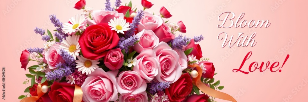 Obraz premium Blooming rose bouquet with vibrant colors creates a romantic atmosphere conveying love and affection against a soft pink background