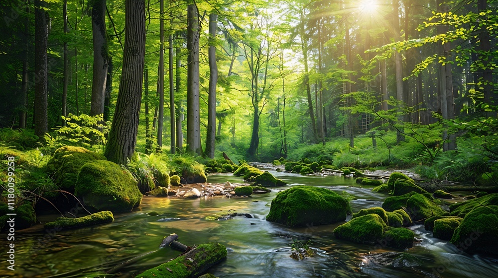Fototapeta premium Sunlit Forest Stream Flows Over Mossy Rocks