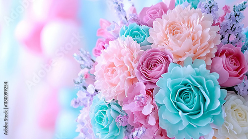 Wallpaper Mural A vibrant bouquet of pastel roses and flowers, showcasing shades of pink, blue, and cream, set against a soft, colorful background. Torontodigital.ca