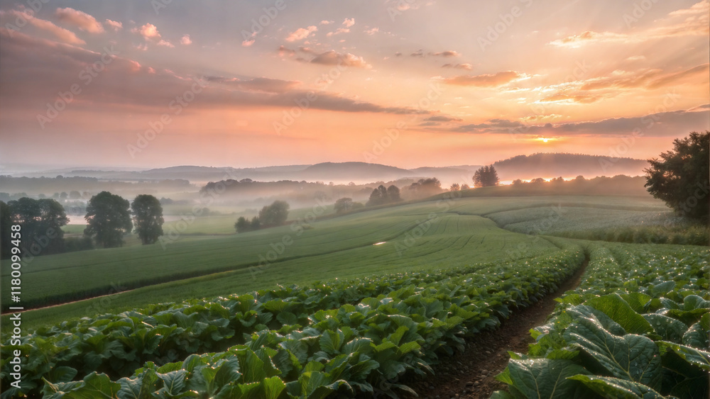 Fototapeta premium Scenic farmland at sunrise with misty fields and trees