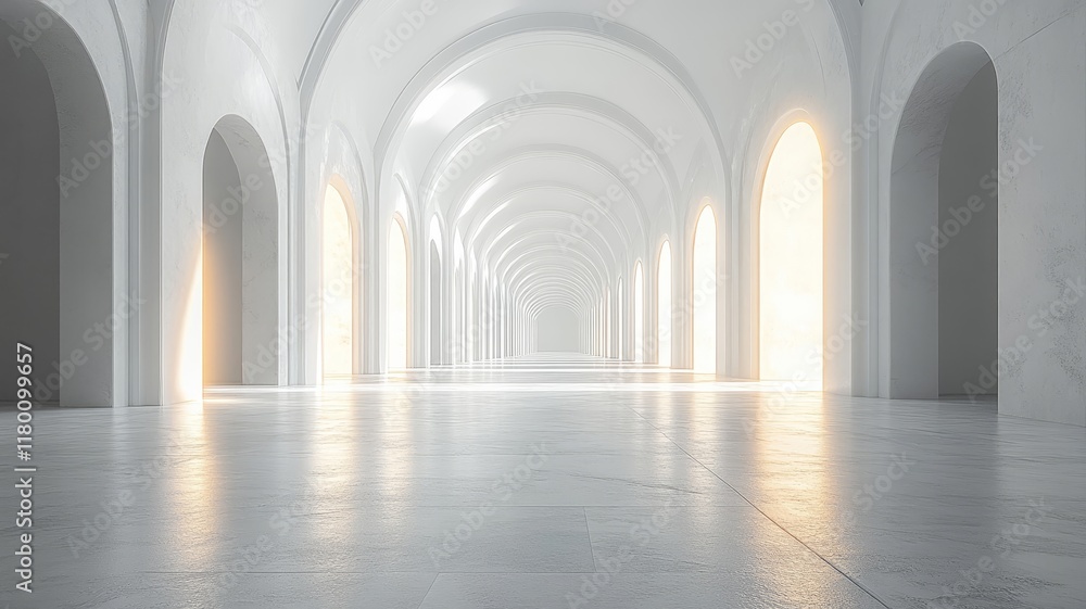 Obraz premium Bright Long Corridor with Arched Doorways and Illuminated Floor