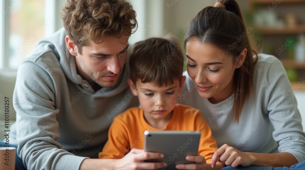 three people, two adults and one child, sitting closely together and looking at a tablet device. The adults are positioned on either side of the child, who is in the center three people, two adults and one child, sitting closely together and looking at a tablet device. The adults are positioned on either side of the child, who is in the center