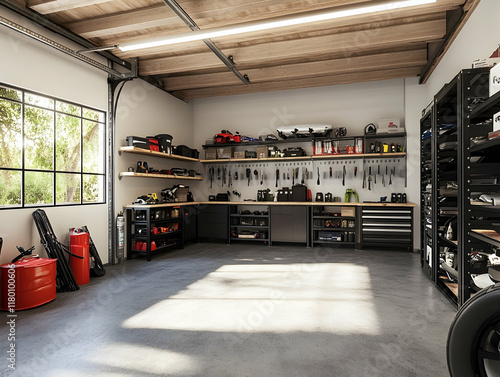 An organized garage space featuring shelves, tools, and storage for vehicles and outdoor gear.