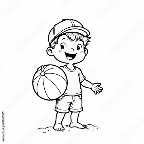 Smiling boy holding a beach ball on sandy beach