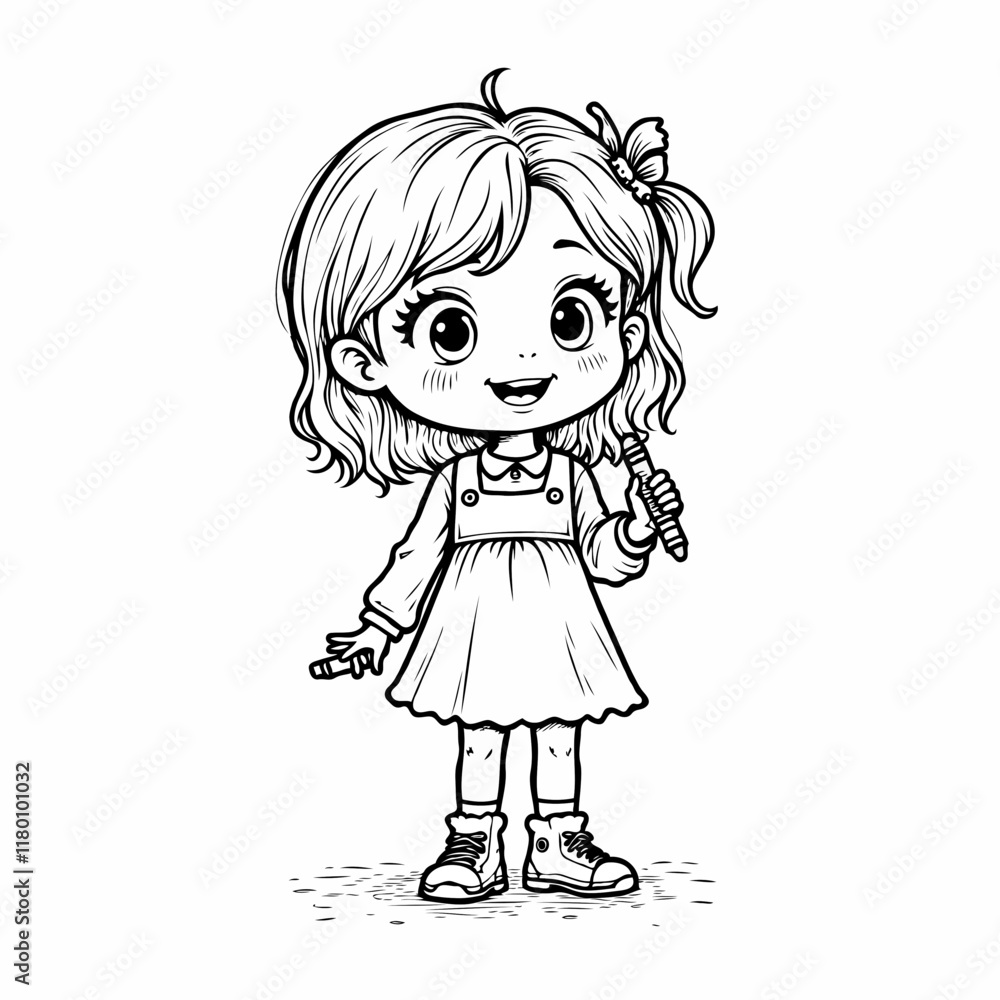Smiling girl holding crayons in a playful pose Smiling girl holding crayons in a playful pose