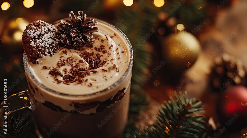 Close-Up of Cookie in Hot Chocolate by Decoration on Table During Christmas Close-Up of Cookie in Hot Chocolate by Decoration on Table During Christmas