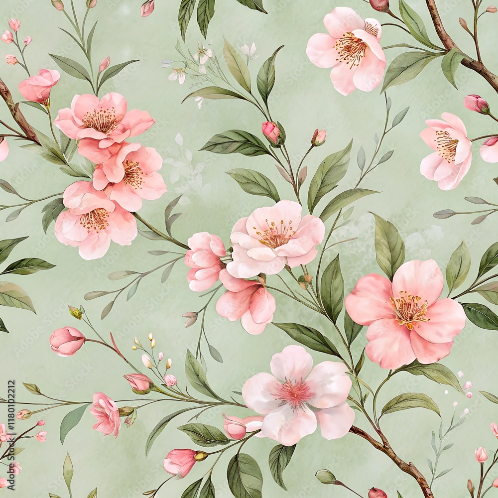 Pink flowers pattern, Soft sage green background, Seamless floral pattern Pink flowers pattern, Soft sage green background, Seamless floral pattern