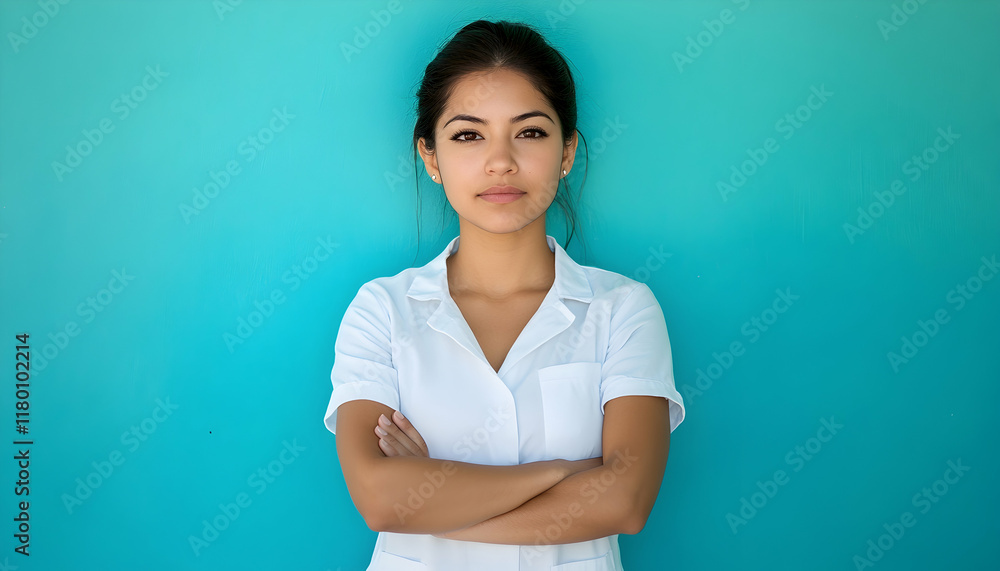 Beautiful Latin nurse with crossed arms on a blue background - Beautiful Latin nurse with crossed arms on a blue background -