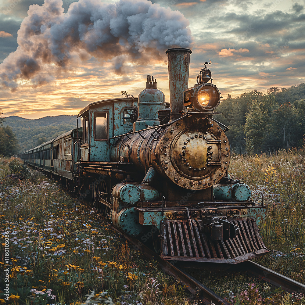 Obraz premium Vintage Steam Locomotive on Railway Tracks Surrounded by Scenic Nature and Dramatic Skies, Classic Travel and Transportation Theme with Nostalgic Design and Industrial Aesthetic