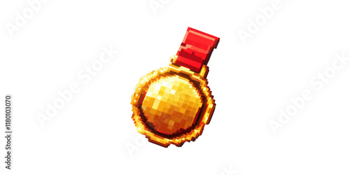 Pixelated gold medal with red ribbon isolated on transparent background photo