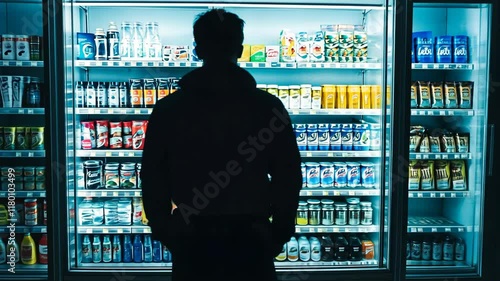 Person looking at a variety of beverages in a convenience store during nighttime