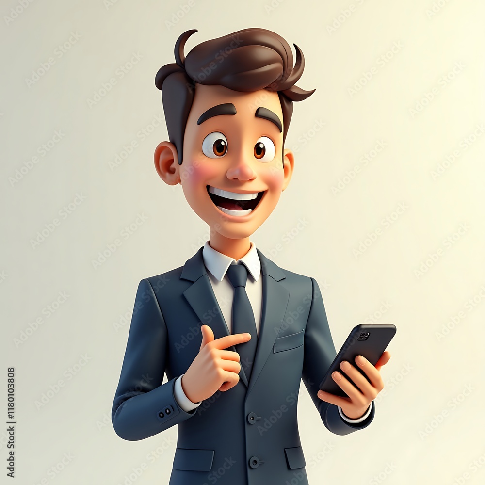 Smiling Cartoon Businessman Using Smartphone Smiling Cartoon Businessman Using Smartphone