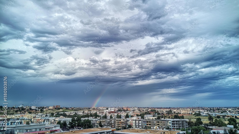 A vibrant cityscape under a dramatic sky with a rainbow. A vibrant cityscape under a dramatic sky with a rainbow.