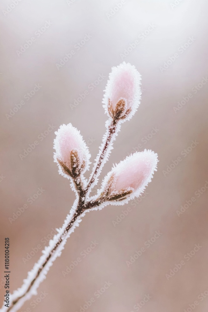 Close-up view of three delicate pink flower buds covered in frost on a frosty winter's day Close-up view of three delicate pink flower buds covered in frost on a frosty winter's day