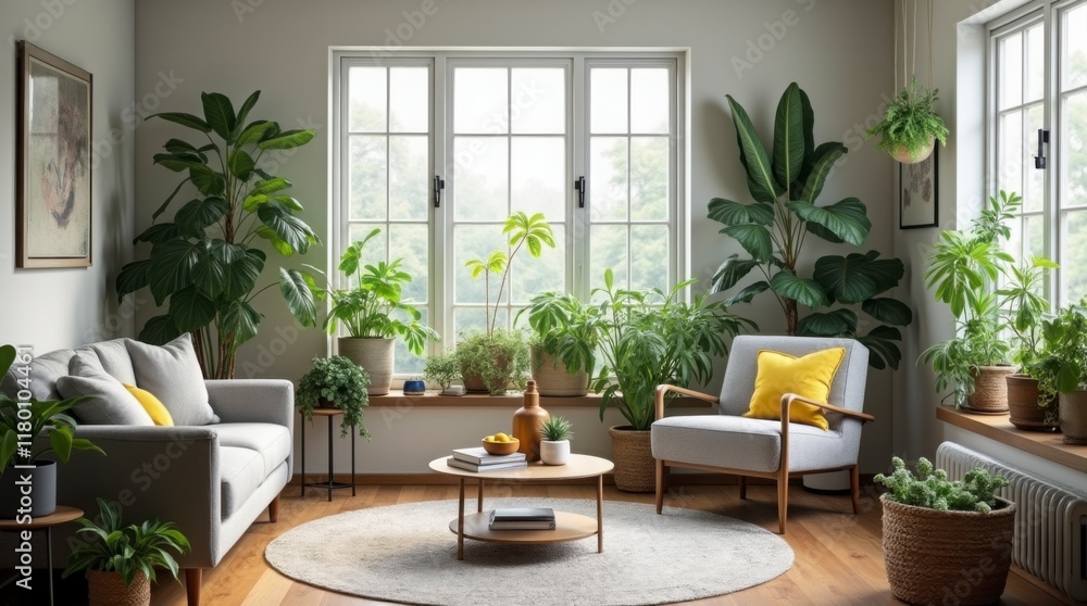 Fototapeta premium a modern living room with a strong emphasis on natural elements. The space features a neutral color palette with a grey sofa, armchair, and rug.