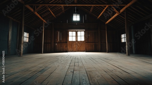 Wallpaper Mural Empty rustic barn interior with wooden walls, floors, and a large double door.  Light streams in from a high window. Torontodigital.ca