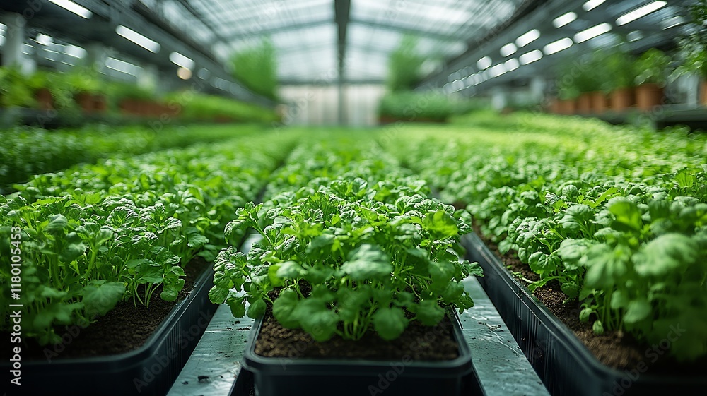 Young Seedlings Growing in an Industrial Greenhouse Young Seedlings Growing in an Industrial Greenhouse