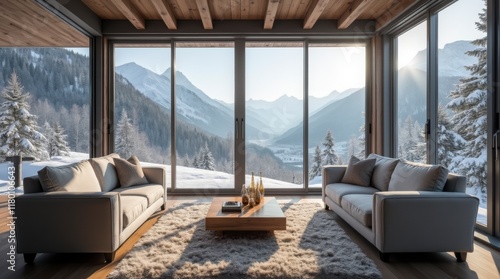 a modern living room with a breathtaking view. A large window wall dominates the space, offering panoramic vistas of snow-capped mountains and a dense forest. 