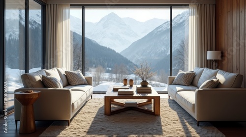 a modern living room with a breathtaking view. A large window wall dominates the space, offering panoramic vistas of snow-capped mountains and a dense forest. 