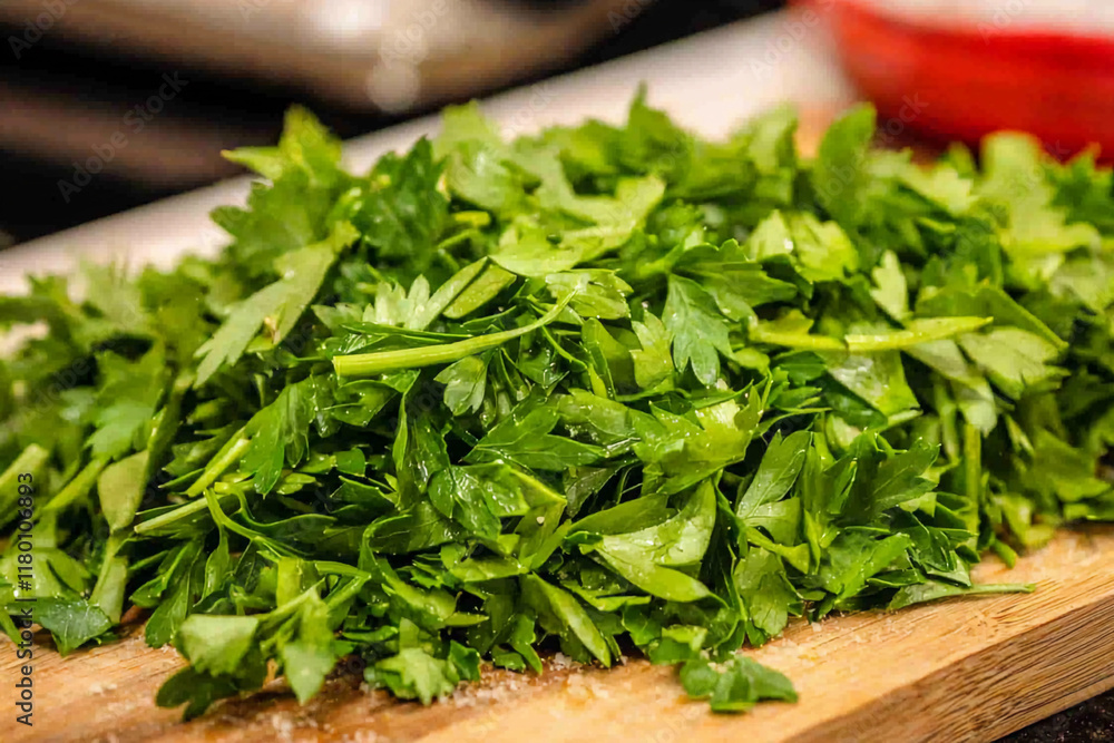Parsley on cutting board for prep Parsley on cutting board for prep
