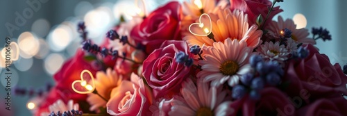 Bouquet of vibrant roses and daisies with heart-shaped decorative lights creating a romantic atmosphere for Valentine's Day photo