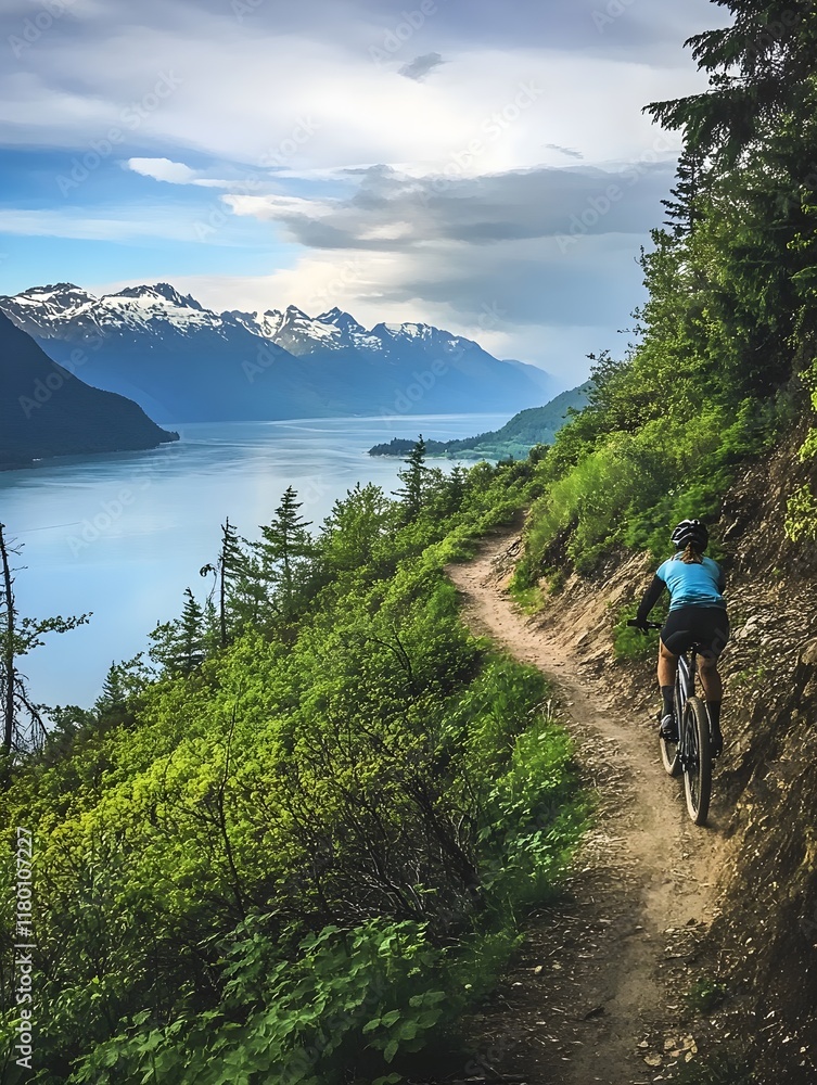 Fototapeta premium A photo of a cyclist navigating a rugged mountain trail with sweeping views.