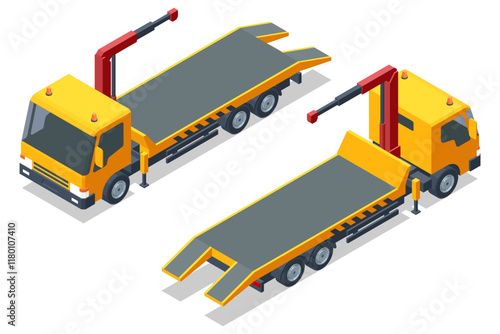Isometric vector illustration of a tow truck with a flatbed and crane. A practical vehicle for towing and transporting cars, ideal for urban and emergency uses. Tow truck, roadside assistance