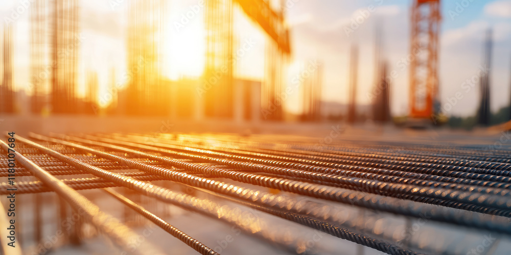 Fototapeta premium Close-up of construction crane lifts a metal bar structure on outdoor construction site
