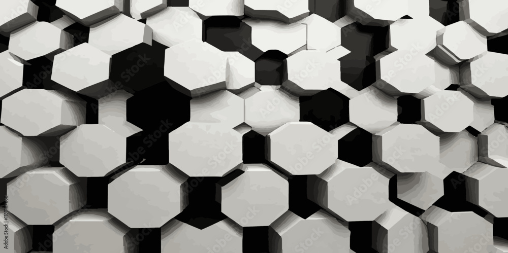 Abstract white and grey cube hexagon black metal 3d dark geometric texture bright pattern honeycomb soft black metal background. Banner, wallpaper, card vector illustration. Abstract white and grey cube hexagon black metal 3d dark geometric texture bright pattern honeycomb soft black metal background. Banner, wallpaper, card vector illustration.