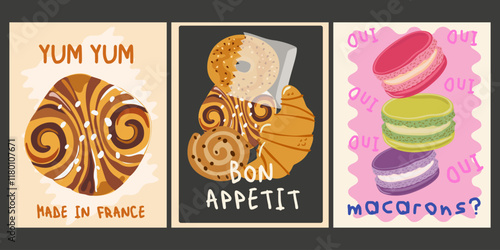 Abstract retro bright posters for the kitchen and cafe. Vintage food decor for wallpaper. Kitchen food art poster. Sweet pastries and desserts banner for wall decor. Macarons, croissants, buns