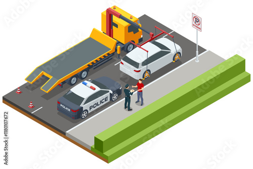 Isometric vector illustration of a tow truck impounding a vehicle while police enforce traffic rules. Features a parked police car nearby. Tow truck, roadside assistance