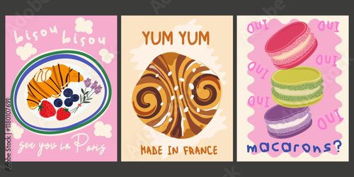 Abstract retro bright posters for the kitchen and cafe. Vintage food decor for wallpaper. Kitchen food art poster. Sweet pastries and desserts banner for wall decor. Macarons, croissants, buns