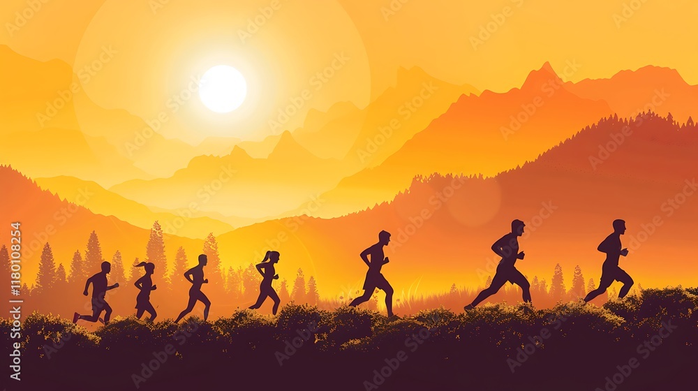 Runners Silhouette at Sunset Mountain Landscape Runners Silhouette at Sunset Mountain Landscape