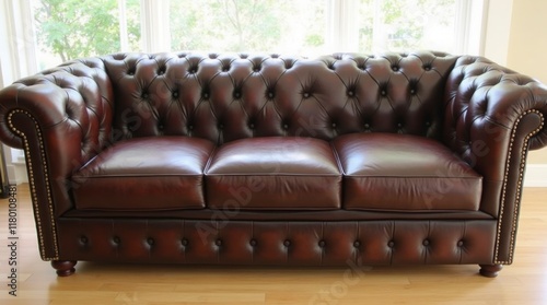 a brown leather Chesterfield sofa with three seat cushions and a tufted backrest and armrests. The sofa is placed on a wooden floor, and there are windows in the background.