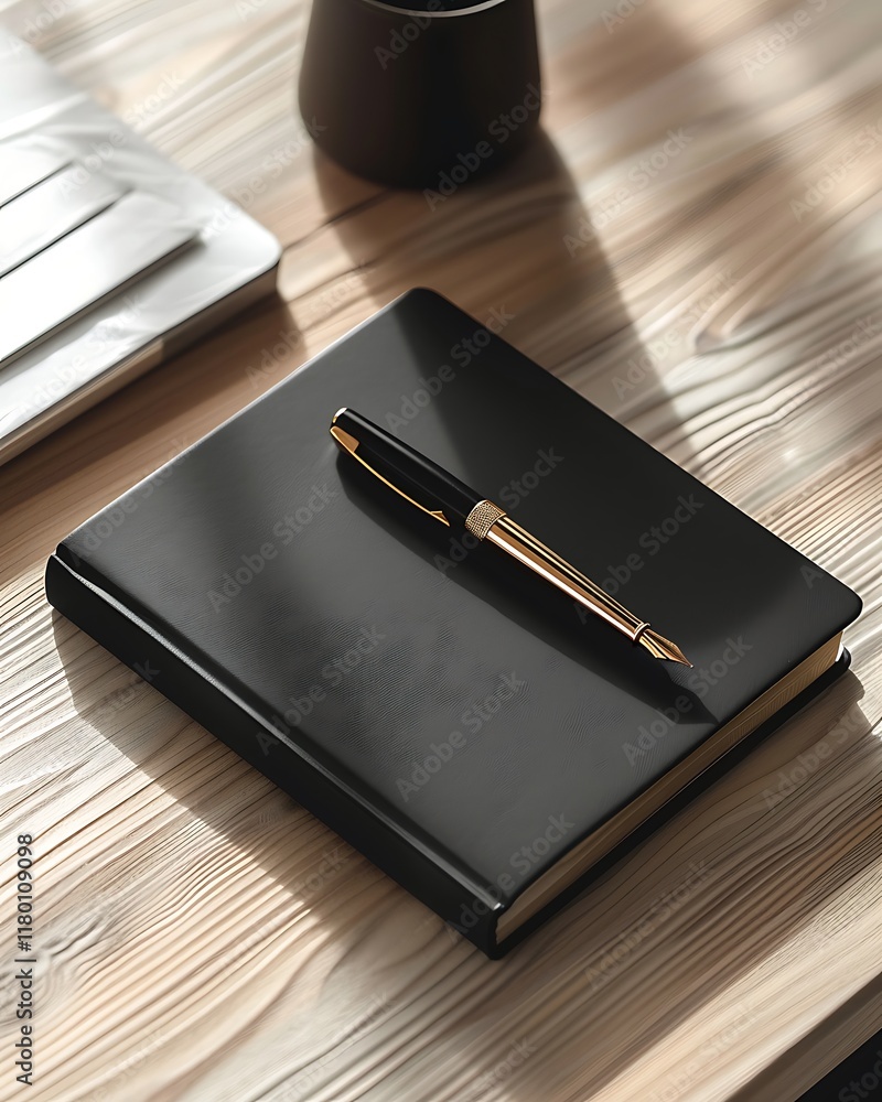 Black Notebook And Gold Fountain Pen On Wooden Desk Black Notebook And Gold Fountain Pen On Wooden Desk