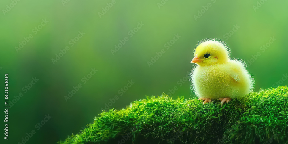 Small yellow fluffy chick on the background of nature and green grass. Rearing small chicks. Poultry farming industry. Farming and Agriculture. Copy space Small yellow fluffy chick on the background of nature and green grass. Rearing small chicks. Poultry farming industry. Farming and Agriculture. Copy space