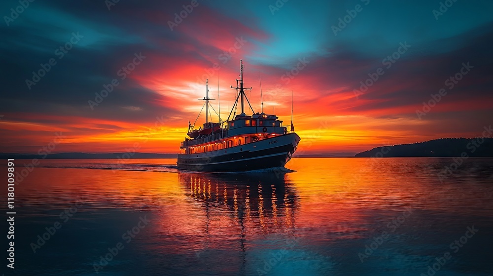 Obraz premium Fishing Boat Returns at Sunset with Vibrant Sky Reflections