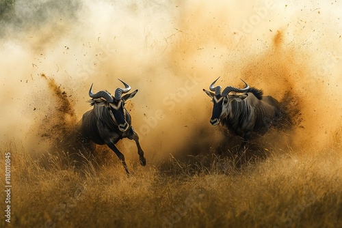 Panorama of male topis -Damaliscus lunatus jimela- fighting on grass, Maasai Mara National Reserve- Narok, Masai Mara, Kenya photo