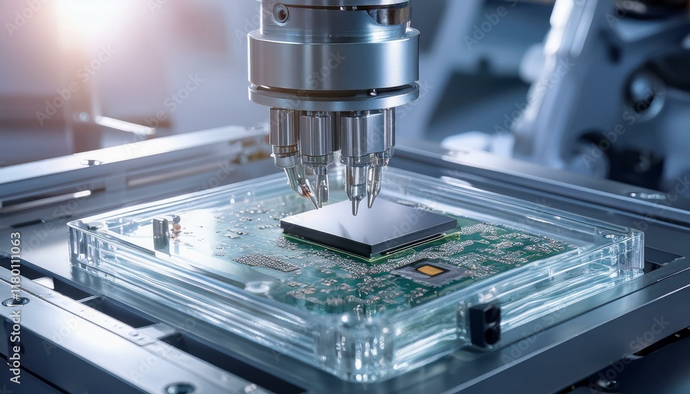 Precision robotic equipment assembles chips during the semiconductor packaging process, highlighting the transparent cover and glossy circuitry Precision robotic equipment assembles chips during the semiconductor packaging process, highlighting the transparent cover and glossy circuitry