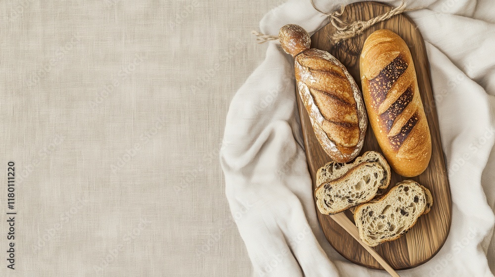 A Delectable Display of Artisan Breads on a Rustic Wooden Board A Delectable Display of Artisan Breads on a Rustic Wooden Board