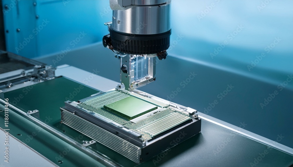 Precision robotic equipment assembles chips during the semiconductor packaging process, highlighting the transparent cover and glossy circuitry Precision robotic equipment assembles chips during the semiconductor packaging process, highlighting the transparent cover and glossy circuitry