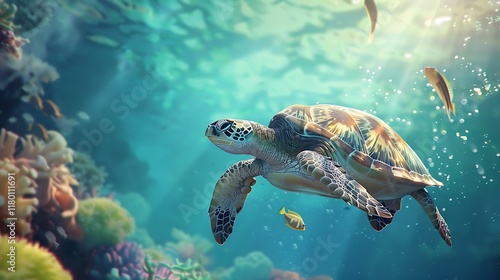 Sea Turtle Gracefully Swims Through Vibrant Coral Reef