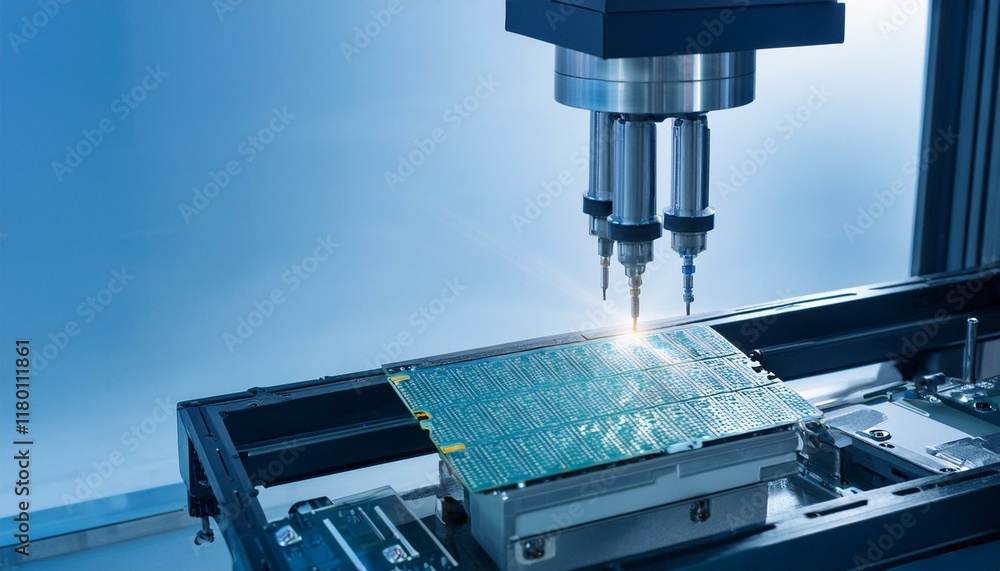 Precision robotic equipment assembles chips during the semiconductor packaging process, highlighting the transparent cover and glossy circuitry Precision robotic equipment assembles chips during the semiconductor packaging process, highlighting the transparent cover and glossy circuitry