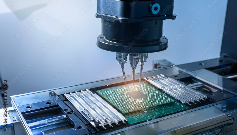 Precision robotic equipment assembles chips during the semiconductor packaging process, highlighting the transparent cover and glossy circuitry Precision robotic equipment assembles chips during the semiconductor packaging process, highlighting the transparent cover and glossy circuitry