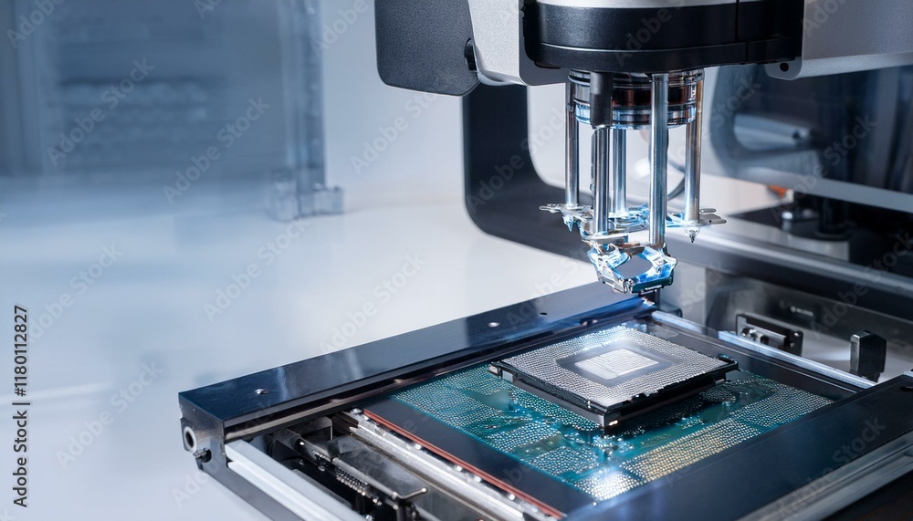 Precision robotic equipment assembles chips during the semiconductor packaging process, highlighting the transparent cover and glossy circuitry Precision robotic equipment assembles chips during the semiconductor packaging process, highlighting the transparent cover and glossy circuitry