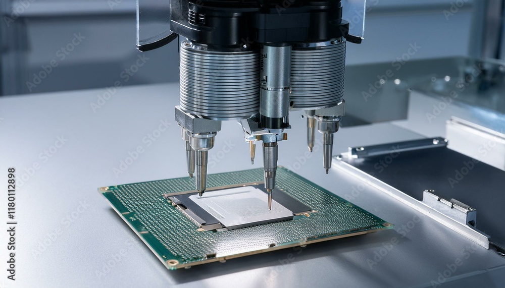 Precision robotic equipment assembles chips during the semiconductor packaging process, highlighting the transparent cover and glossy circuitry Precision robotic equipment assembles chips during the semiconductor packaging process, highlighting the transparent cover and glossy circuitry