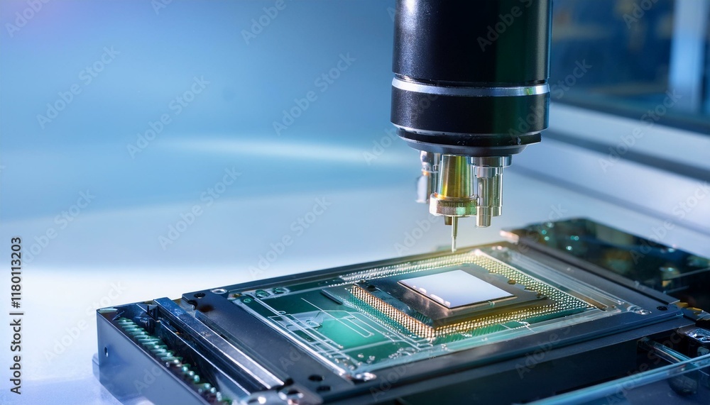 Precision robotic equipment assembles chips during the semiconductor packaging process, highlighting the transparent cover and glossy circuitry Precision robotic equipment assembles chips during the semiconductor packaging process, highlighting the transparent cover and glossy circuitry